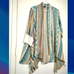 J. Glee (Size L) Multicolored Semi-Sheer Print Crochet Trim Sleeve Open Cardigan